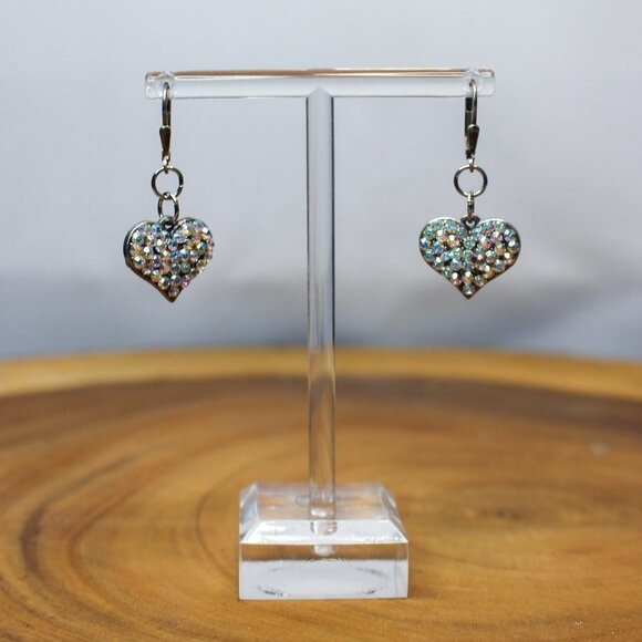 Earrings MARKED 925 STERLING SILVER Pierced Dangle Leverback Heart Rhinestone - Picture 1 of 12